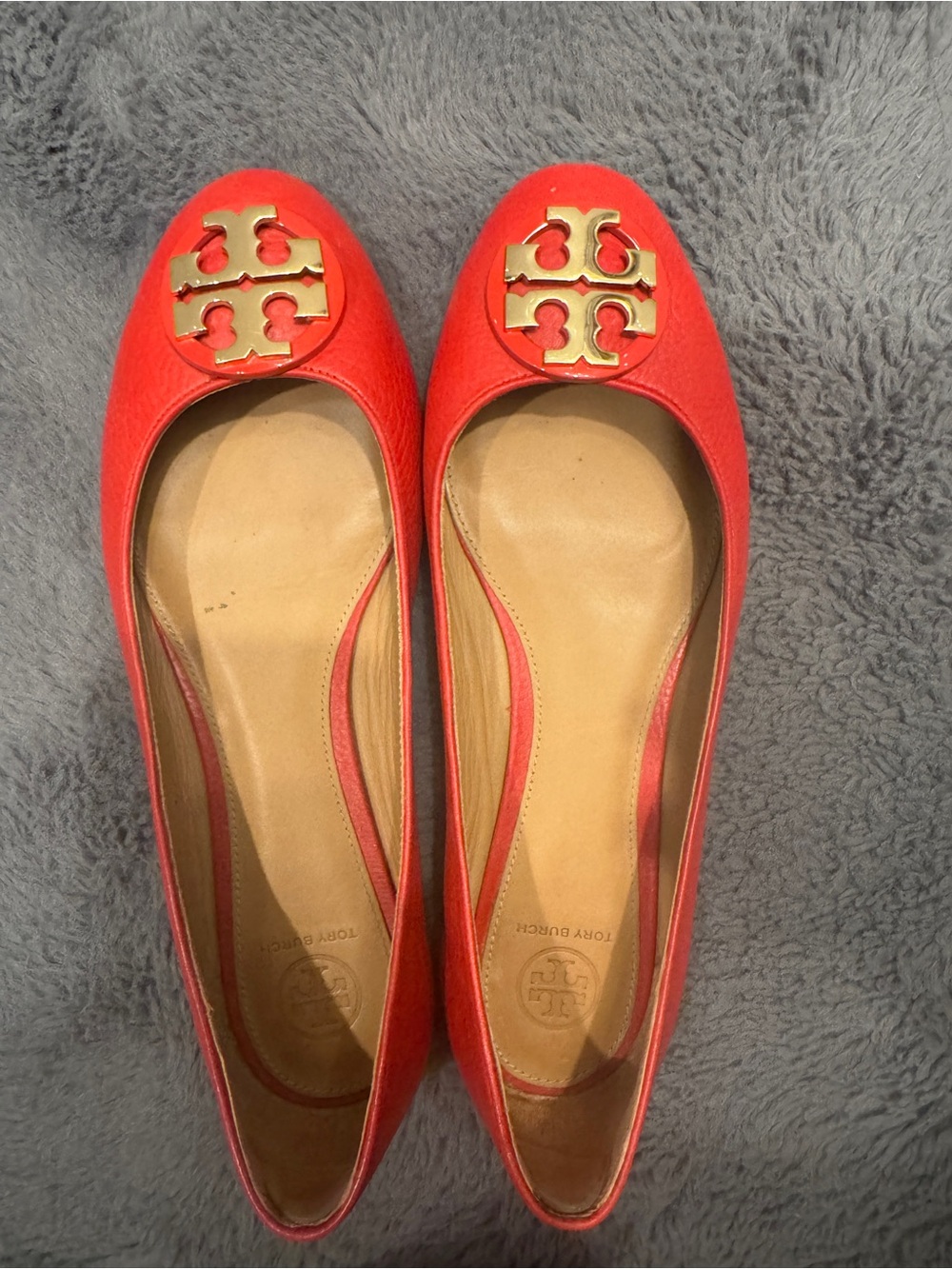 Tory Burch Coral-Red Leather Logo Ballet Flats
